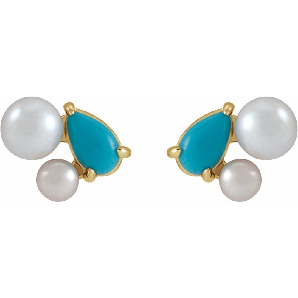 14K Yellow Gold Natural Turquoise & Cultured White Akoya Pearl Earrings